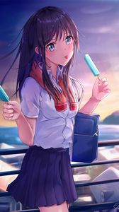 Preview wallpaper girl, schoolgirl, ice cream, anime