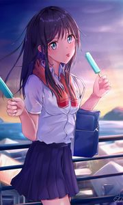 Preview wallpaper girl, schoolgirl, ice cream, anime