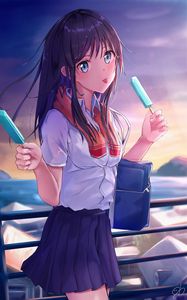 Preview wallpaper girl, schoolgirl, ice cream, anime