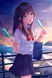 Preview wallpaper girl, schoolgirl, ice cream, anime