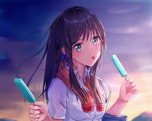 Preview wallpaper girl, schoolgirl, ice cream, anime