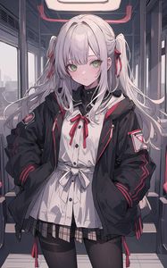 Preview wallpaper girl, schoolgirl, jacket, carriage, anime, bows