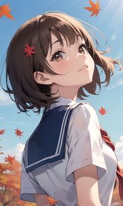 Preview wallpaper girl, schoolgirl, leaves, autumn, anime, art