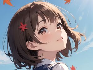 Preview wallpaper girl, schoolgirl, leaves, autumn, anime, art