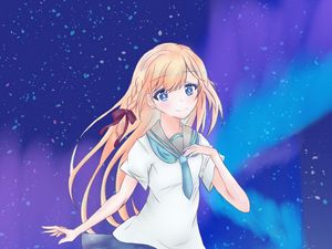 Preview wallpaper girl, schoolgirl, northern lights, anime, art