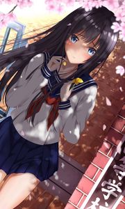 Preview wallpaper girl, schoolgirl, petals, anime