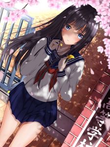 Preview wallpaper girl, schoolgirl, petals, anime