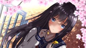 Preview wallpaper girl, schoolgirl, petals, anime