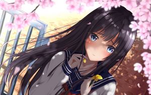 Preview wallpaper girl, schoolgirl, petals, anime