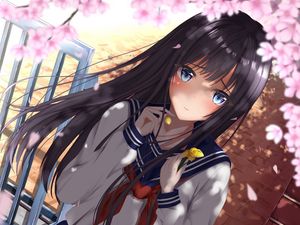 Preview wallpaper girl, schoolgirl, petals, anime