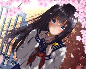 Preview wallpaper girl, schoolgirl, petals, anime