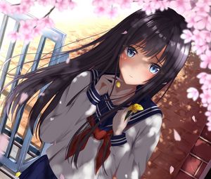 Preview wallpaper girl, schoolgirl, petals, anime