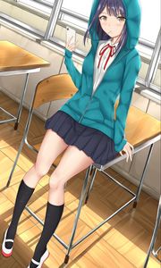 Preview wallpaper girl, schoolgirl, phone, anime