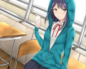 Preview wallpaper girl, schoolgirl, phone, anime