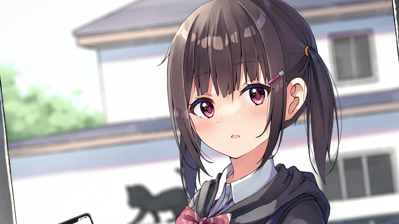 Download wallpaper 1366x768 girl, schoolgirl, phone, glance, anime ...