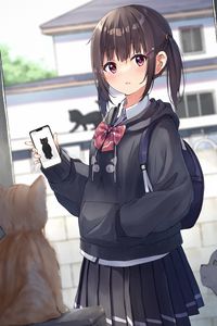 Preview wallpaper girl, schoolgirl, phone, glance, anime