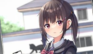 Preview wallpaper girl, schoolgirl, phone, glance, anime