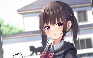 Preview wallpaper girl, schoolgirl, phone, glance, anime