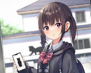 Preview wallpaper girl, schoolgirl, phone, glance, anime