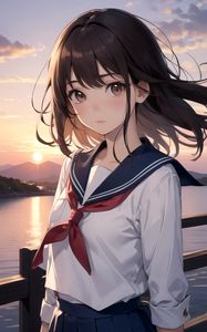 Preview wallpaper girl, schoolgirl, pier, river, anime