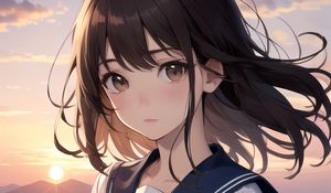 Preview wallpaper girl, schoolgirl, pier, river, anime