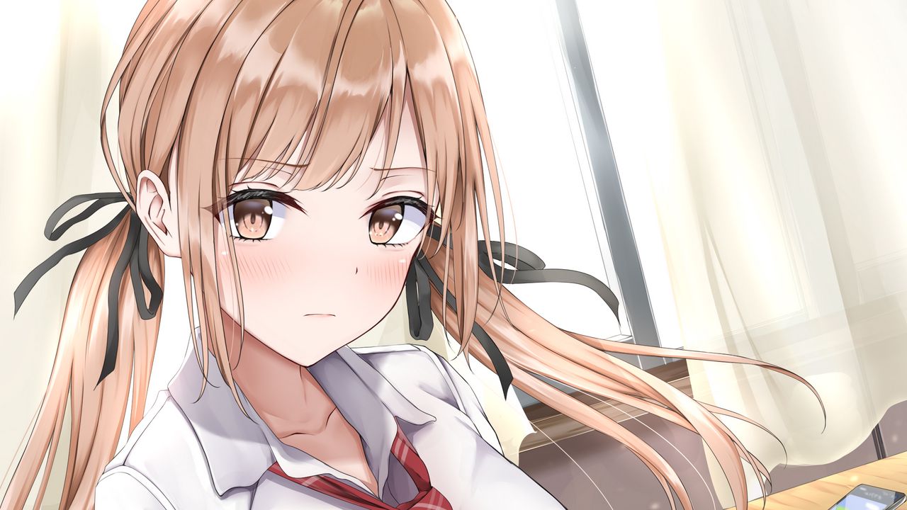 Wallpaper girl, schoolgirl, ponytails, glance, anime