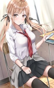 Preview wallpaper girl, schoolgirl, ponytails, glance, anime