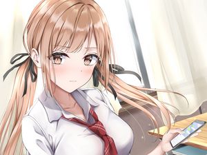 Preview wallpaper girl, schoolgirl, ponytails, glance, anime