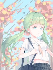 Preview wallpaper girl, schoolgirl, ponytails, anime