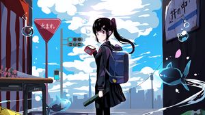Preview wallpaper girl, schoolgirl, ponytails, tape, anime, art