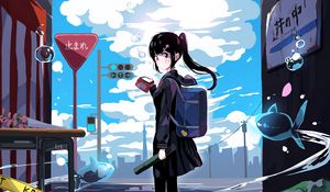 Preview wallpaper girl, schoolgirl, ponytails, tape, anime, art