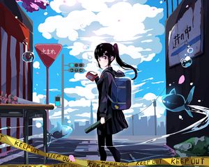 Preview wallpaper girl, schoolgirl, ponytails, tape, anime, art