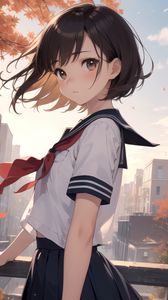 Preview wallpaper girl, schoolgirl, railings, wind, anime