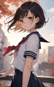 Preview wallpaper girl, schoolgirl, railings, wind, anime