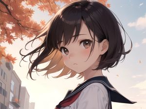 Preview wallpaper girl, schoolgirl, railings, wind, anime