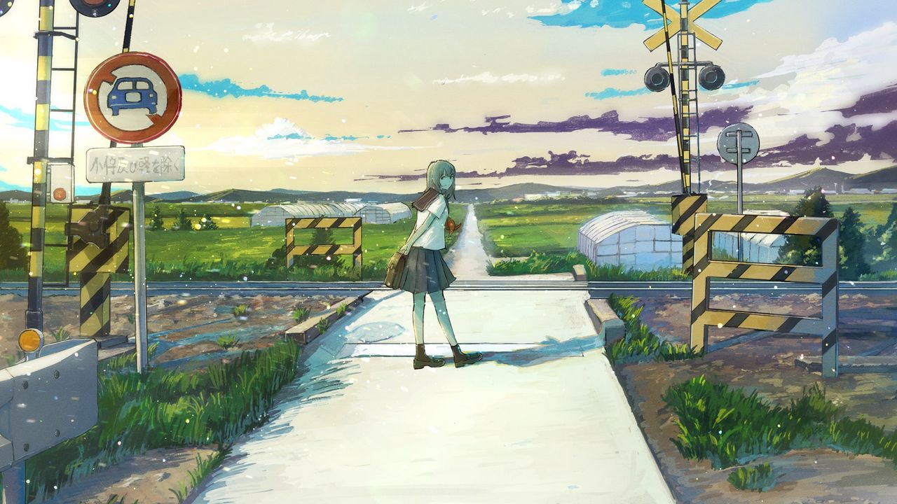 Wallpaper girl, schoolgirl, railroad, anime, art