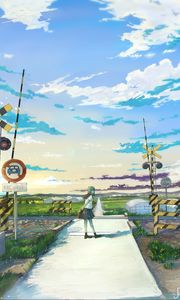 Preview wallpaper girl, schoolgirl, railroad, anime, art