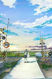 Preview wallpaper girl, schoolgirl, railroad, anime, art