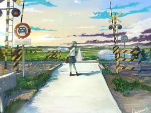 Preview wallpaper girl, schoolgirl, railroad, anime, art