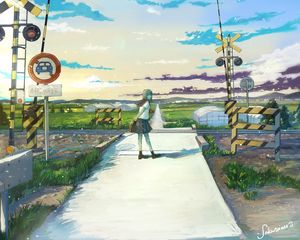 Preview wallpaper girl, schoolgirl, railroad, anime, art