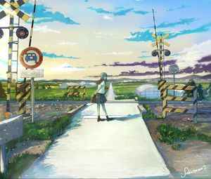 Preview wallpaper girl, schoolgirl, railroad, anime, art