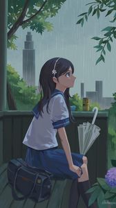 Preview wallpaper girl, schoolgirl, rain, umbrella, anime