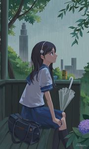 Preview wallpaper girl, schoolgirl, rain, umbrella, anime