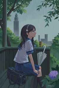 Preview wallpaper girl, schoolgirl, rain, umbrella, anime