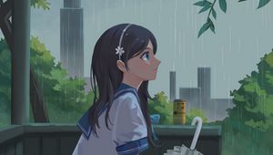 Preview wallpaper girl, schoolgirl, rain, umbrella, anime