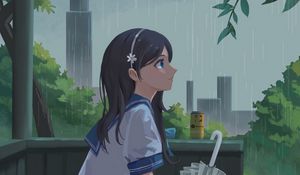 Preview wallpaper girl, schoolgirl, rain, umbrella, anime