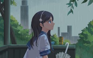 Preview wallpaper girl, schoolgirl, rain, umbrella, anime