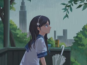 Preview wallpaper girl, schoolgirl, rain, umbrella, anime