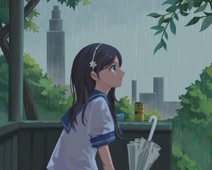 Preview wallpaper girl, schoolgirl, rain, umbrella, anime