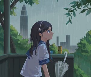 Preview wallpaper girl, schoolgirl, rain, umbrella, anime